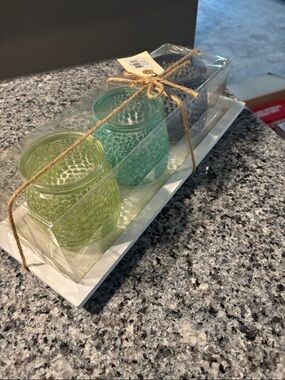 Set of 3 Hobnail Glass Votive Holders in Green, Teal, and Gray